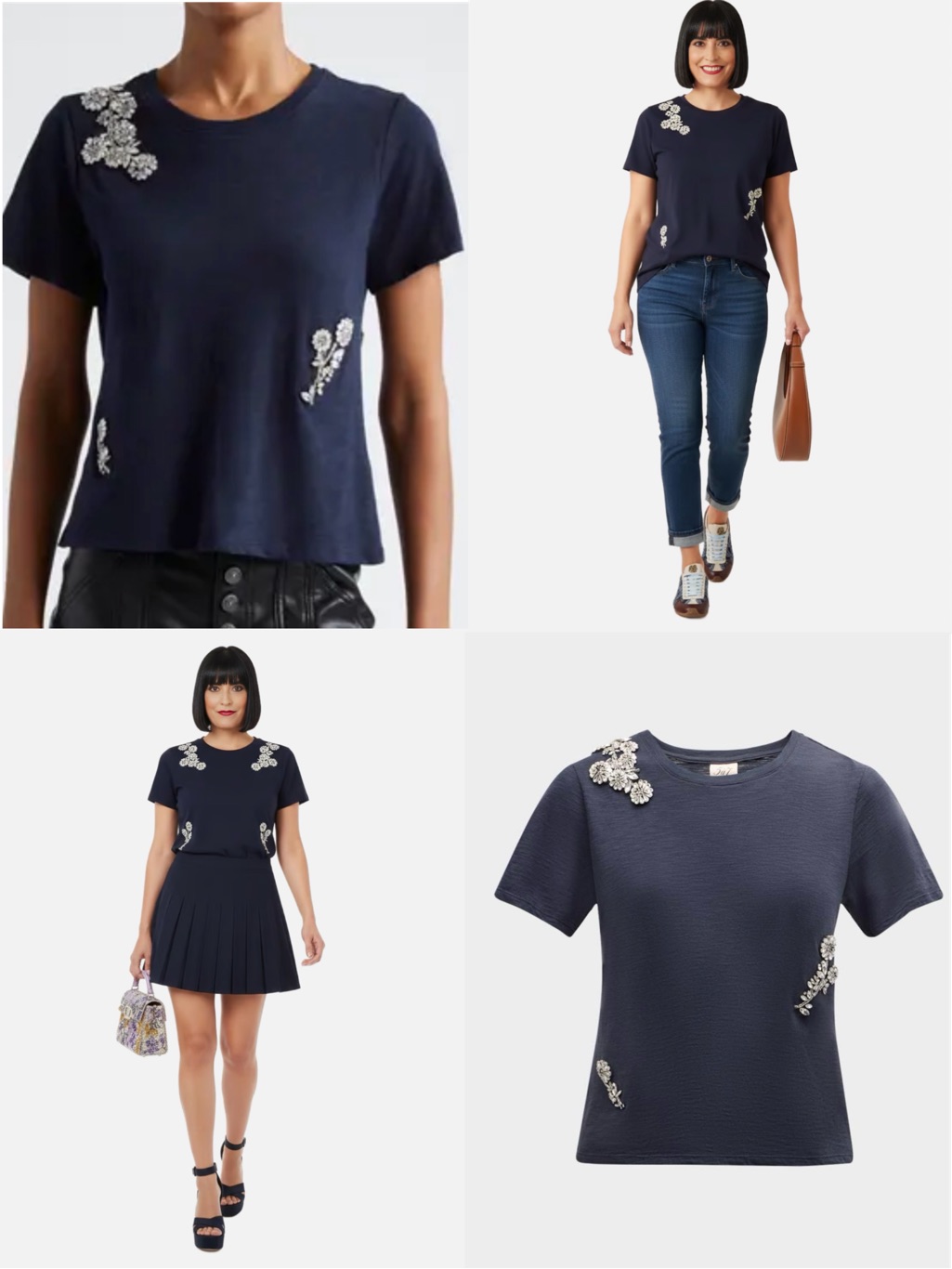 Cinq A Sept Crystal Chrysanthemum Navy Short-Sleeve Tee